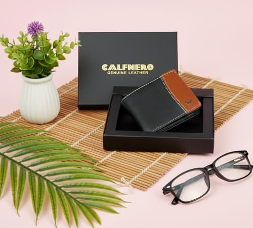 Image of Calfnero Men's Genuine Leather Wallet-Multiple Card Slots ID Window with Coin Pocket- Leather Wallet (Black-Cognac)
