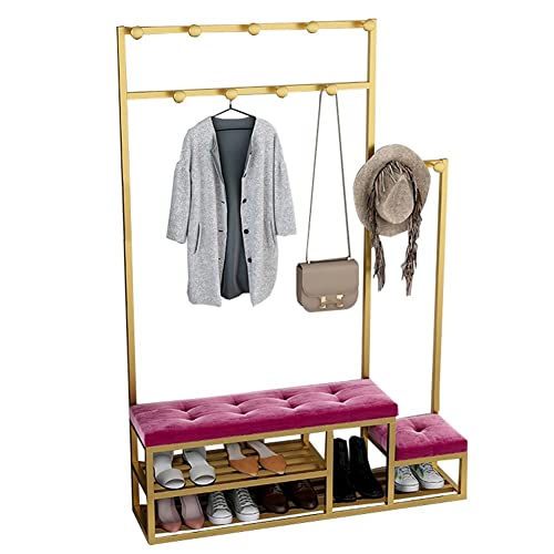 JGJSQYY Perchero moderno para entrada con 2 bancos de zapatos, estante de almacenamiento de árbol y ganchos para colgar, marco de metal, cojín de esponja para vestíbulo, pasillo (color: pino, tamaño