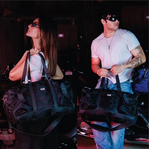 Image of MONKEY TROOPERS Roam Duffle Bag Black Camo 30L | Bike-mountable skin, wet pocket, shoe compartment, detachable sling, lightweight build, weekend trips, gym & sports use