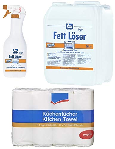 Fettlöser Set Sprühflasche Fettlöser 1 L + Nachfüllkanister Fettlöser 5 L + Küchenrollen 3-lagig a 51 Blatt