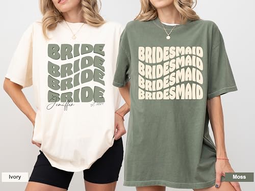BRIDE SHIRT Bride and Bridesmaid Matching Shirt, Retro with Name, Boho Colors Bridal Party Shirt White3