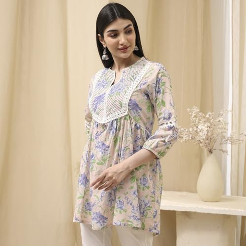 Image of BIBA Women Cotton Straight Fit A Line Printed Kurti