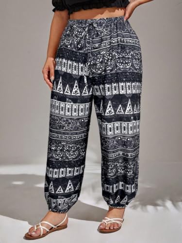 Image of GRECIILOOKS Boho Printed Wide Leg Palazzo Pants for Women, Flowing High Waist Rayon Trousers for Beach, Vacation, Lounge, and Summer Style