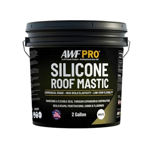 AWF PRO Professional Silicone Roof Patch & Flashing Mastic, High Solids Low VOC Sealant for Seams, Penetrations, Curbs, Flashings & Exposed Fasteners, White – 2 Gallon