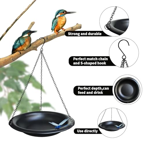 Image of 11.5 Inch Matte Black Metal Hanging Outdoor Bird Bath Bowl | Comes with 15.5 in rust-proof chains & magnetic dragonfly, weather-resistant decor for garden & backyard