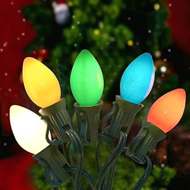 C7 Ceramic Multicolor Christmas Lights,25Ft Multicolor Christmas String Lights with 27 Colorful Ceramic Bulbs(Plus 2 Extra Bulbs), E12 Base, Christmas Tree Patio Holiday Decorations-Green