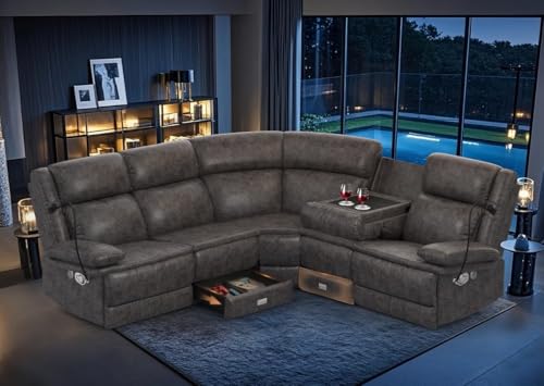 Home Theater Seating Reclining Sectional Sofa, Reclining Couch with 4 USB, 2 Flip-Up Middle Backrest & Drawers, Wall Hugger RV Recliners, 145° Adjustable Recline & Cup Holders for RV & Movie Room