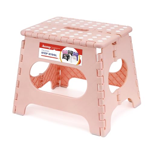 Image of ACSTEP Folding Step Stool 11 Inch, Sturdy Plastic Foldable Step Stool for Kids & Adults, Non Slip Lightweight Collapsible Foot Stools Holds 300 lbs, Ideal for Kitchen, Bathroom, Bedroom, Light Pink