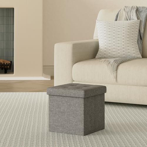 SONGMICS Aufbewahrungshocker, klein, faltbar, 30 x 30 cm, würfelförmiger Fußhocker mit Aufbewahrung, belastbar bis 130 kg, für Wohnzimmer, Schlafzimmer, Schlafsaal, Dunkelgrau LSF028G01