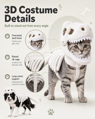 Pet Cat Dog Dinosaur Skeleton Costume, 3D Plush Halloween Dino Hood Outfit - 2
