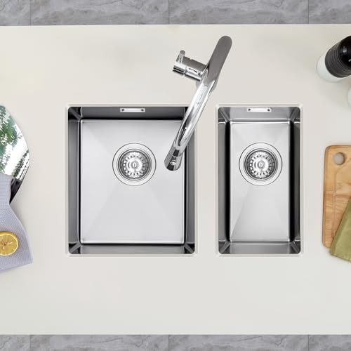 KEOKBON Klein Spüle Nano Silber 25 x 40cm Spülbecken, Kleine Waschbecken Küche ohne Hahnloch, 1 Becken Edelstahl Spüle mit Edelstahl 304 Siebventil und Überlauf, Kitchen Sink