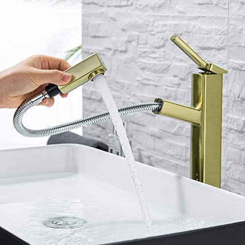 KAIYING Bathroom Pull Down Vessel Sink Faucet, Lavatory Single Hole Basin Sink Faucet with Pull Out Sprayer, Single Handle Utility Kitchen Mixer Tap with Rotating Spout (Tall, Brushed Gold)