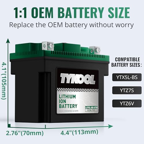 Image of TYKOOL LFP5L-BS-STD Lithium Battery, Replaces YTX5L-BS, 150CCA Fits for Motorcycle ATV Scooter, Compatible with Honda Ruckus NPS50 CRF230F Yamaha Raptor 90, Digital Readout, Polarity [- +]