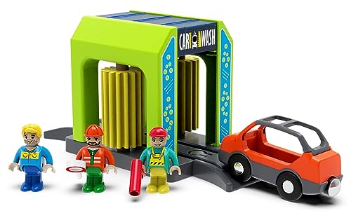 Station de lavage de voiture en bois - Accessoires de jouets de train compatibles avec toutes les grandes marques de système de train - Station de lavage pour rail de...
