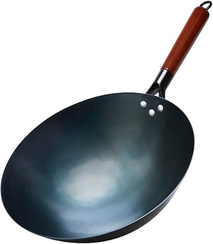 Miniatura 3 de KUNNV Wok Wok de acero al carbono  Wok tradicional de acero al carbono martillado a mano de 14 pulgadas para estufas de gas (fondo redondo)
