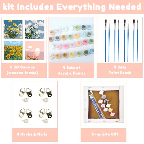 Image of HASTHIP 4PCS DIY Oil Painting Kit by Numbers with Frames, Wall Art for Adults & Kids, 7.8x7.8 Inch Canvas, Painting Tools, Vibrant Home Decor, Craft Kit Gift Set