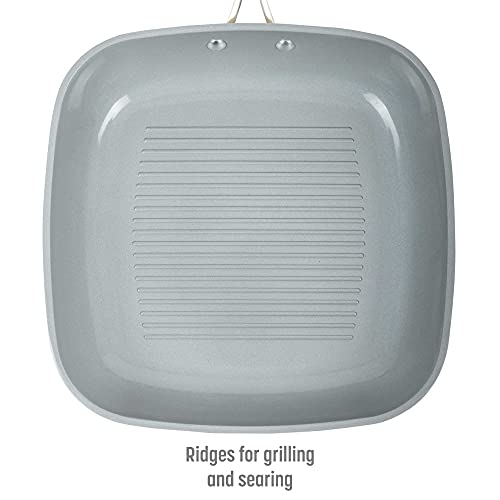 Goodful Ceramic Nonstick 11 Inch Grill Pan, Dishwasher Safe Pots And Pans, Comfort Grip Stainless Steel Handle, Made Without Pfoa, Griddle, Cream #TOP7