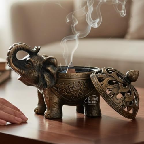 Image of Trunk Up Elephant Incense Burner Holder with Lid - Cone Incense Holder for Home Fragrance, Decorative Incense Burner for Meditation, Yoga, Temple, Living Room Decor