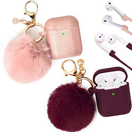 Filoto Case for Airpods, Filoto Airpod Case Cover for Apple Airpods 2&1 Charging Case, Cute AirPods Silicone Soft Case Accessories Keychain Skin Pompom Strap (Burgundy+Rose Gold)