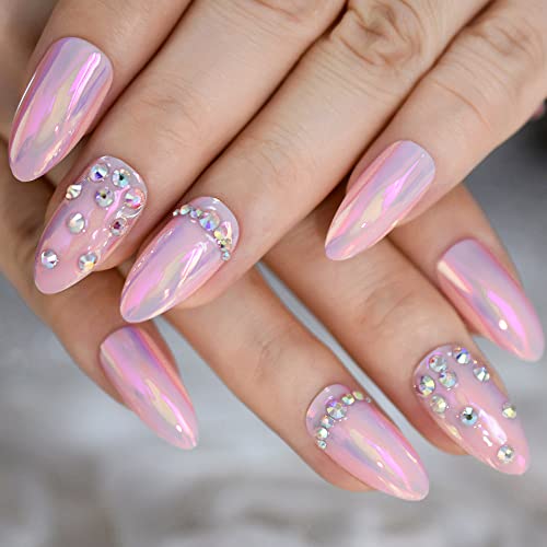 Elevenail 3D Rhinestones Press On Nails Medium Shiny Pink Chrome Chameleon Mirror False Nails Almond Acrylic Nail Art Tips Salon Women Girls Diy Manicure Daily Reusable Stick On Fake Nails Gifts #TOP2