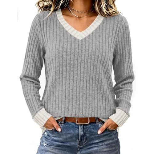 Rapbin Womens Long Sleeve Tops Fall Winter V Neck Lightweight Sweater