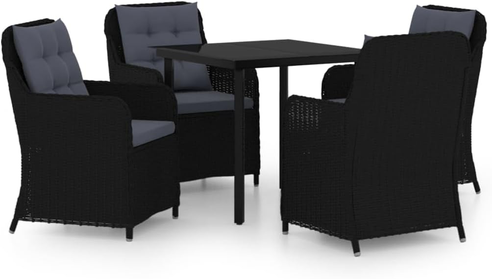 vidaXL 3 Piece Patio Dining Set- Poly Rattan/Steel Black Outdoor Dining Set- Water-, Easy to Clean, Weather- with Ergonomic Chair Design and Glass Tabletop