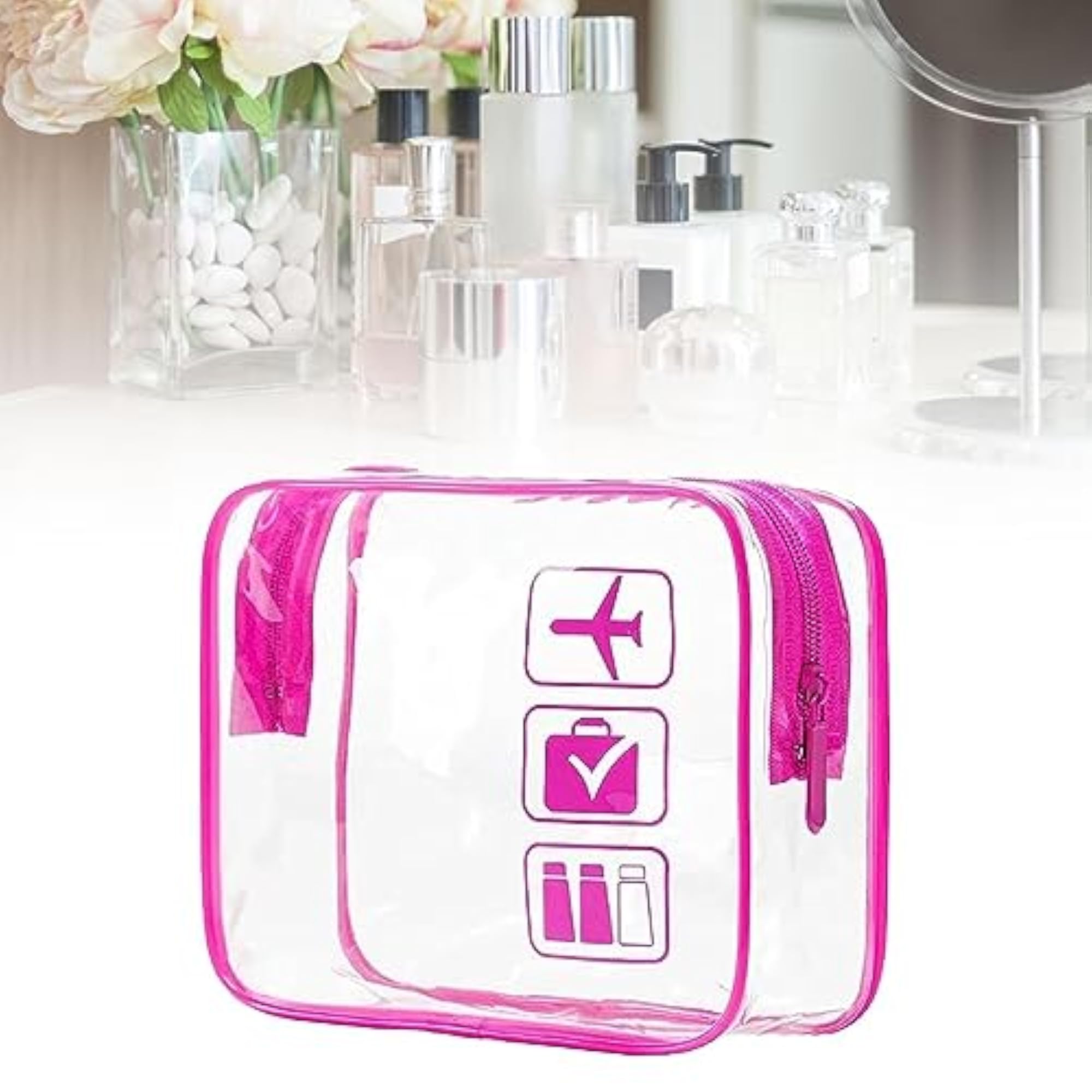 Clear Makeup Bag for Essentials, Rose Red