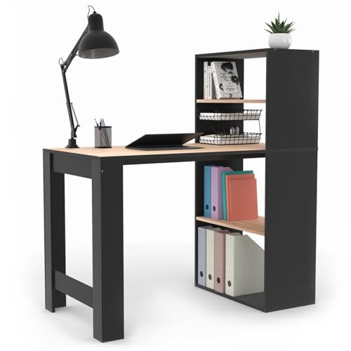 IDMarket - Bureau bibliothèque Ben avec étagères Noir et façon hêtre