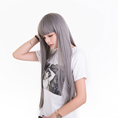 Long Wig Gray Synthetic Cosplay Wigs for Black Women Anxin Grey Silver Hair with Bangs (Gray)