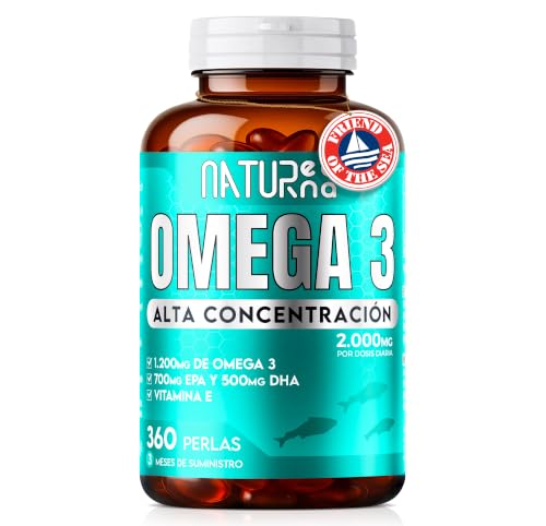 NATURENEA® Omega 3 capsulas 2000mg de Aceite de Pescado Salvaje FOS Sin GMO | 360 Perlas de Alta Concentración | 1200mg de Ácido Grasos Omega 3 epa y dha | Salud Cerebral, Visión, Corazón, Colesterol