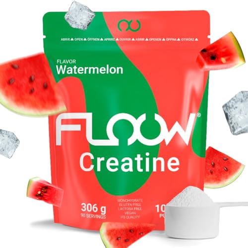 FLOOW - Creatina Monohidratada Sabor Sandía - 306g (90 Dosis) - Creatine en Polvo Pura sin azúcar ni Maltodextrinas - Creatina Micronizada 200 Mesh - Suplemento Deportivo para Masa Muscular