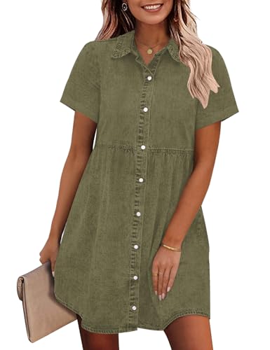 GRAPENT Denim Dress for Women Babydoll Tiered Short Sleeve Button Down Jean Shirt Dresses Army Green Teacher Denim Outfits Country Concert Baby Doll Dresses Petite X-Small Size 0 Size 2