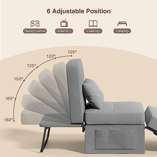 Aiho 4 in 1 Chair Bed, Sleeper Sofa Bed, Assembly-Free Sofa Chair with Adjustable Backrest Breathable Linen, for Living Room Apartment Office, Light Grey