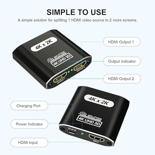 IVIVTOR HDMI Splitter 1 in 2 Out - 4K Aluminium hdmi-verteiler 1-in-2 Out für 2 Monitore Gleichzeitig unterstützt HDCP 1.4 3D UHD 1080P für HDTV Laptop PC - Nur Spiegelmodus kein erweiterter Modus