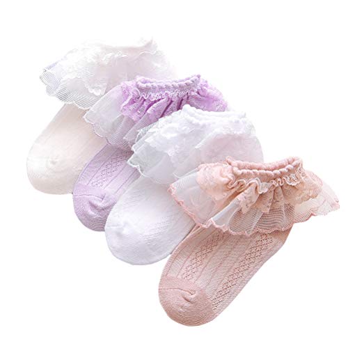 4 Pairs Ruffled Lace Ankle Socks Baby Girl Pointelle Cotton Socks White/Off White/Purple/Blush for Infant & Toddler & Kid for 6-12 Months