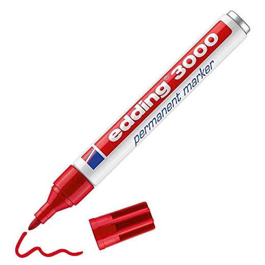 edding 3000 marcador permanente - rojo - 1 rotulador - punta redonda 1,5-3 mm - indeleble de secado rápido - resistente al agua y a los borrones - cartón, plástico, madera, metal, tela - universal
