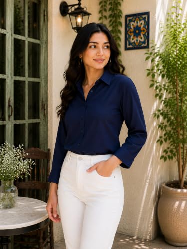 Image of FUNDAY FASHION Women Solid Regular Fit V Collered Casual Shirt