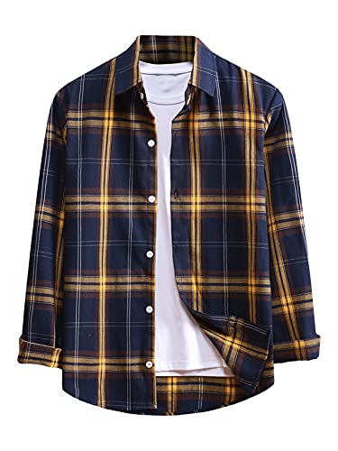 Romwe Men s Long Sleeve Button Down Shirts Plaid Poplin Shirts Navy L