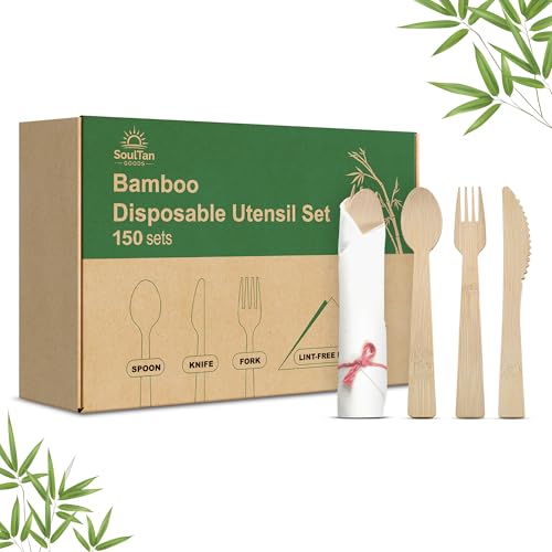 Juego de cubiertos de bambú elegantes con servilleta de alta resistencia para bodas 2