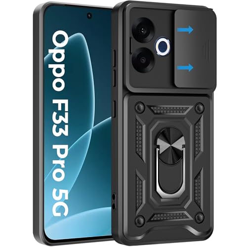 Image of A rtistque Armor Bumper Back Cover Case for Oppo F33 Pro 5G | Ring Holder Stand | Sliding Camera Protection | Shockproof Heavy Duty Design | Oppo F33 Pro Back Cover - Black