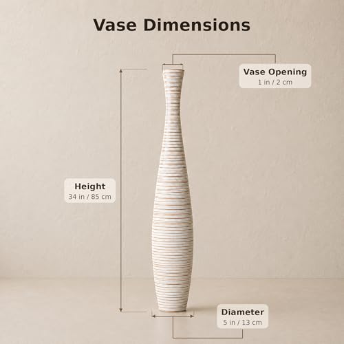 Image of Leewadee Large White Wash Home Decor Floor Vase - Wooden 34 inches Tall Farmhouse Decor Flower Holder for Fake Plant and Pampas Grass