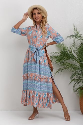 Image of Women Boho High-Waist Floral Print Maxi Dress 3 /4 Sleeve Casual | Soft Rayon, Breathable, Quick-Dry. High-Waist with Adjustable Belt, Flattering Hem. Ideal for Beach, Work & Dating.