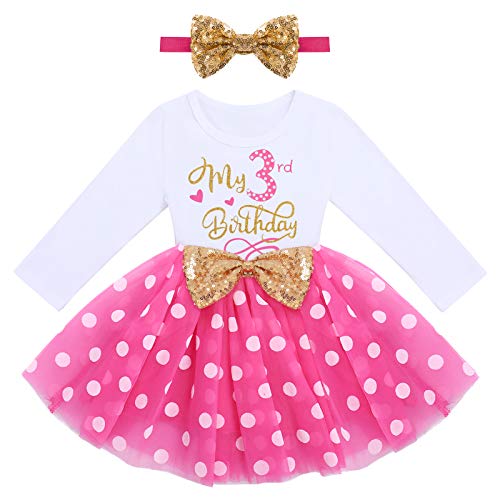 Winter Birthday Outfit Girl My Third Birthday Mini Dress Headband Cake Smash Outfit Infant Baby Tutu Skirt Autumn Long Sleeve Mouse 3rd Birthday Party Supply I'm Three Photo Props Polka Dots Hot Pink