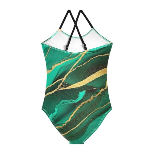 CHIFIGNO Green Marble Gold Girls Swimsuit One Piece, Quick Dry Crossback Toddler Girl Swim Suit for Beach 3T2
