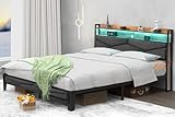 Winkalon Queen Bed Frame, Storage Headboard with Charging Station,Platform Bed Frame with RGB Lights, Solid and Stable, Noise Free, No Box Spring Needed, Easy Assembly,Gray