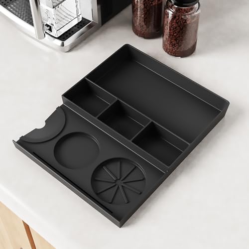 Image of Espresso Tamping Mat, Tamper Mat, Espresso Mat for Counter, Silicone Tamper Mat with Coffee Grounds Catcher, Non-Slip & Heat Resistant - Fits Portafilter, Tamper, Puck Screen (Black,9.84''x7.87''x1'')