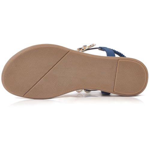 Image of iCKER Women Rhinestone Sandals T-Strap Buckle Bohemian Pearl Crystal Flat Sandals