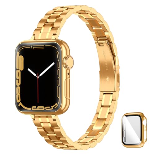CSJCUBIC Metal band Compatible with Apple Watch Band 46mm 45mm 44mm 42mm 41mm 40mm 38mm for women, Slim and Thin Stainless Steel Replacement Adjustable Wristband for iWatch Series 11/10/9/8/7/6/5/4/3/