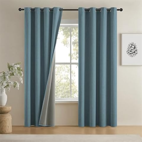 GYROHOME Dusty Blue Faux Linen Blackout Curtains Light Blocking Grommet Top Cold and Heat Reduction Window Treatment Panels for Bedroom, 2 Panels, 52x84inch Cover