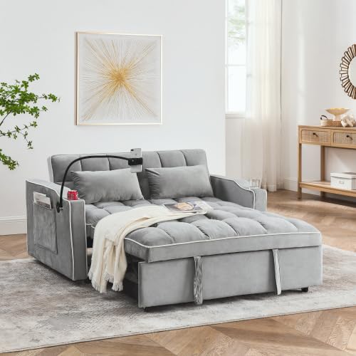 Multifunctional Foldable Velvet Sofa Bed with Storage Pockets, Black with White Piping, 173cm, 3-in-1 Convertible Sleeper Couch with Cup Holder and USB Ports (Grey)